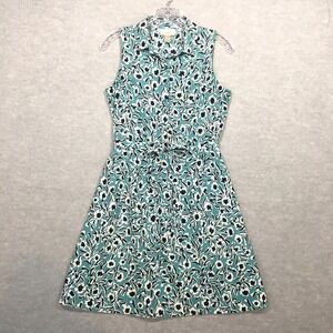 Loft Sz 2 Teal Floral Dress Collared Elastic Waist Tie Sleeveless Popover Lined